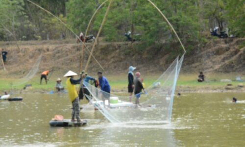 มุกดาหาร เซียนแห่กว่า 100 คน ลงแขกจับปลาคลายร้อน