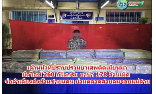 เจ้าหน้าที่ปราบปรามยาเสพติดเมียนมา ยึดไอซ์ 260 กิโลกรัม ยาบ้า 178 ล้านเม็ด จ่อลำเลียงส่งข้ามชายแดน