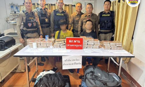 เชียงราย – ตำรวจ สภ.พาน รวบ 2 หนุ่มคา ด่านตรวจปูแกง พร้อมของกลาง เฮโรอีน หรือ “ผงขาว” จำนวน 120 แท่ง น้ำหนักรวมกว่า 60 กิโลกรัม มูลค่าหลายสิบล้านบาท
